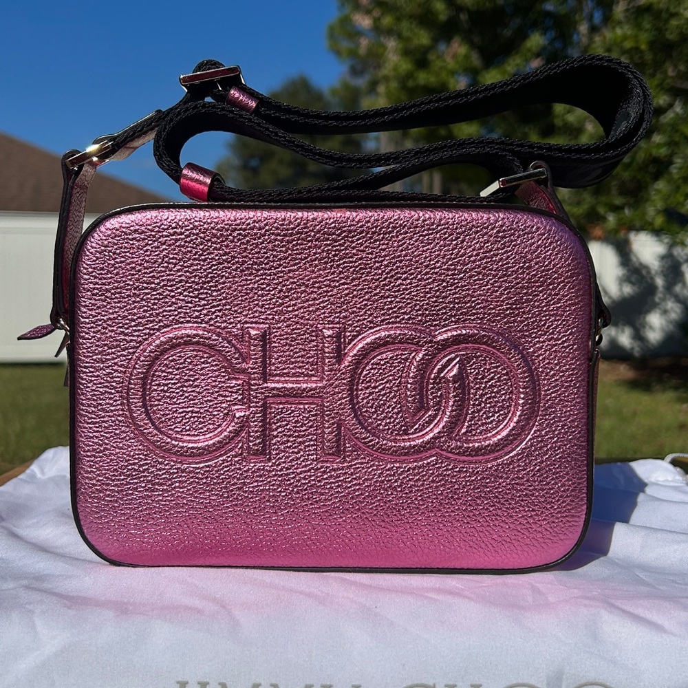 New pre-authenticated metallic pink Jimmy Choo camera bag w/ COA card & dust bag